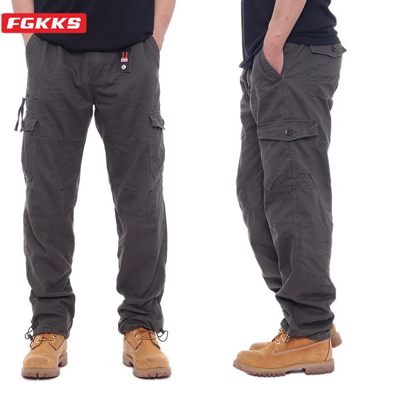 FGKKS Men Multi-pocket Cargo Pants Zipper Pure Cotton Straight Leg Pants Loose Casual Solid Color Construction Pants - bertofonsi