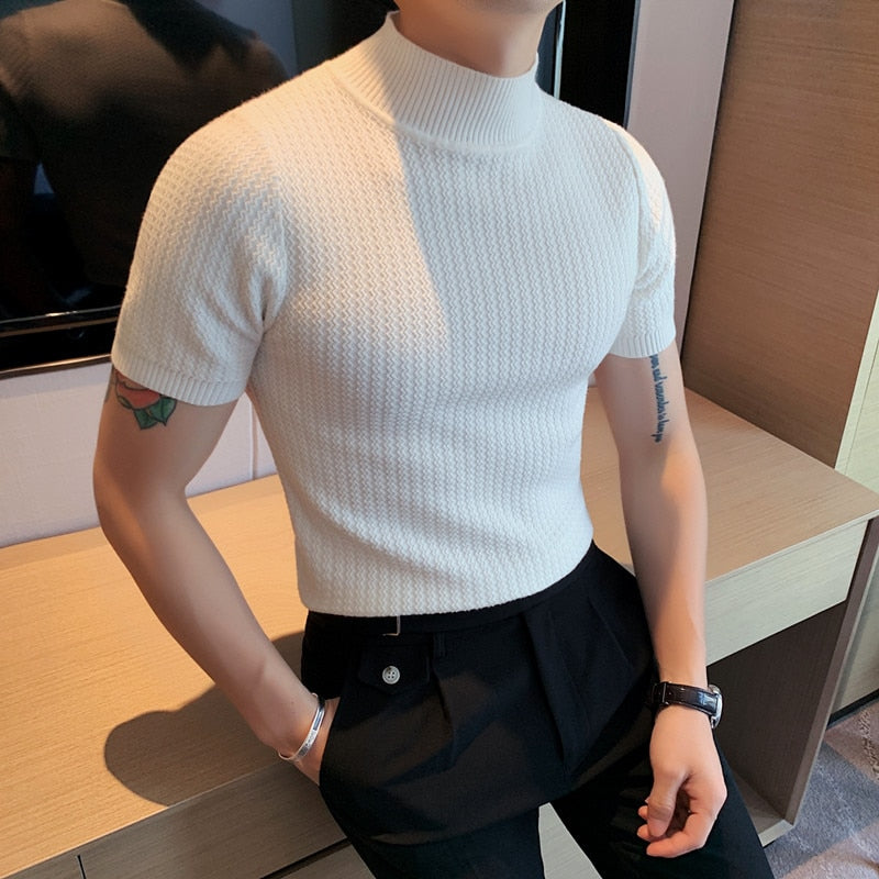 Autumn New Short Sleeve Knitted Sweater Men Tops Clothing 2022 All Match Slim Fit Stretch Turtleneck Casual Pull Homme Pullovers - bertofonsi