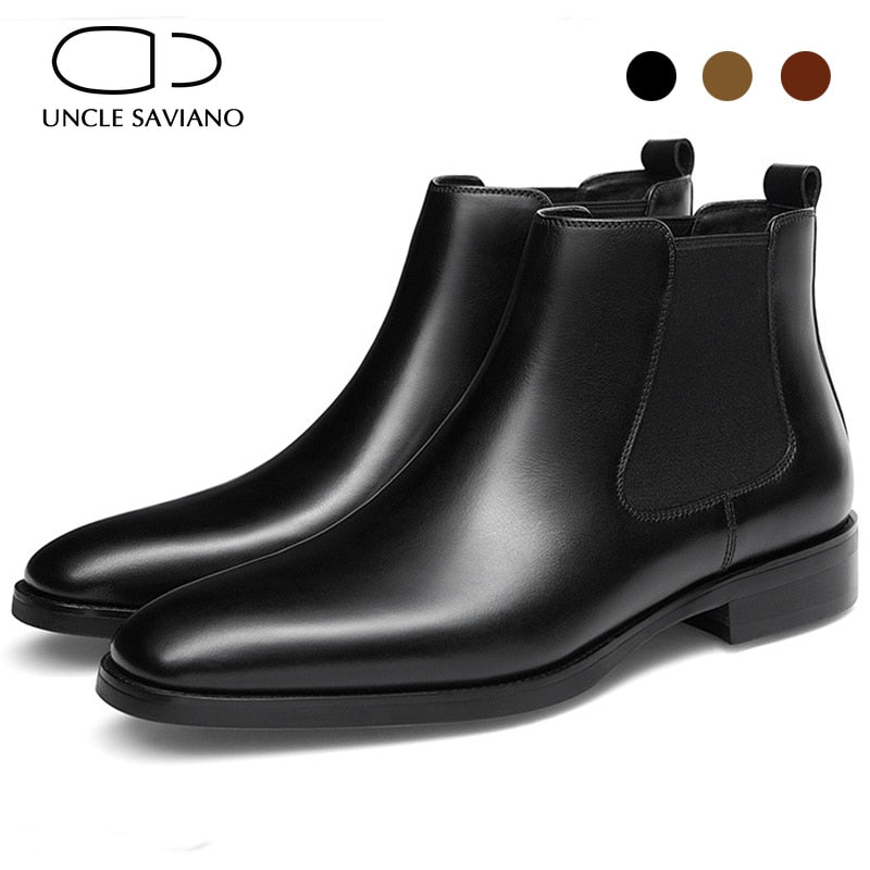 Uncle Saviano Chelsea Winter Solid Men's Boots Shoes Work Boots Fashion Non-Slip Genuine Leather Designer Shoes Men Add Velvet - bertofonsi
