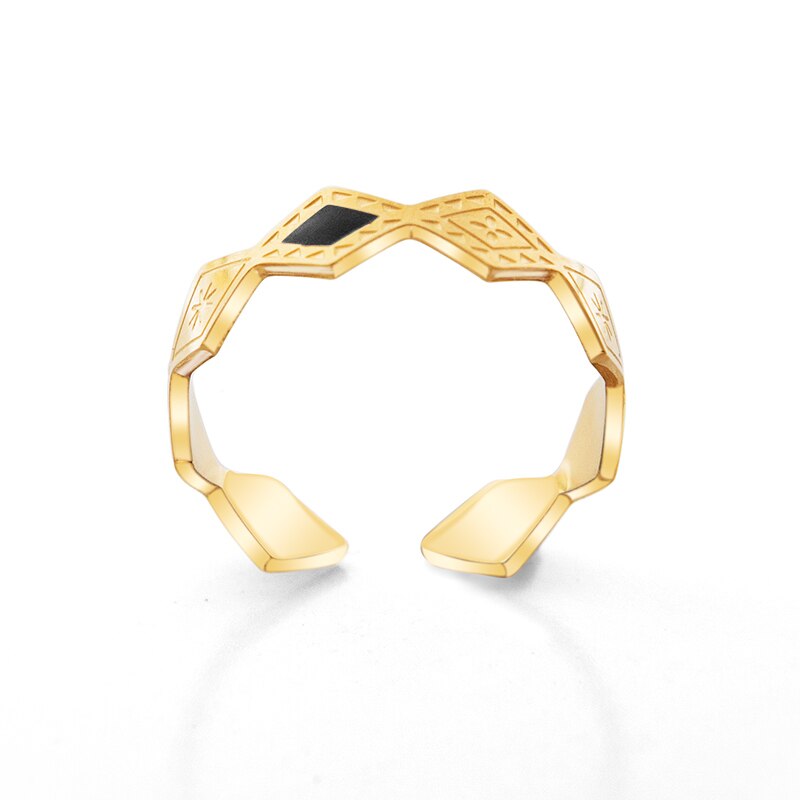 Gold Plated Boho Adjustable Geometric Open Rings Jewelry Stainless Steel Black Enamel Rhombus Stackable Finger Ring For Women - bertofonsi