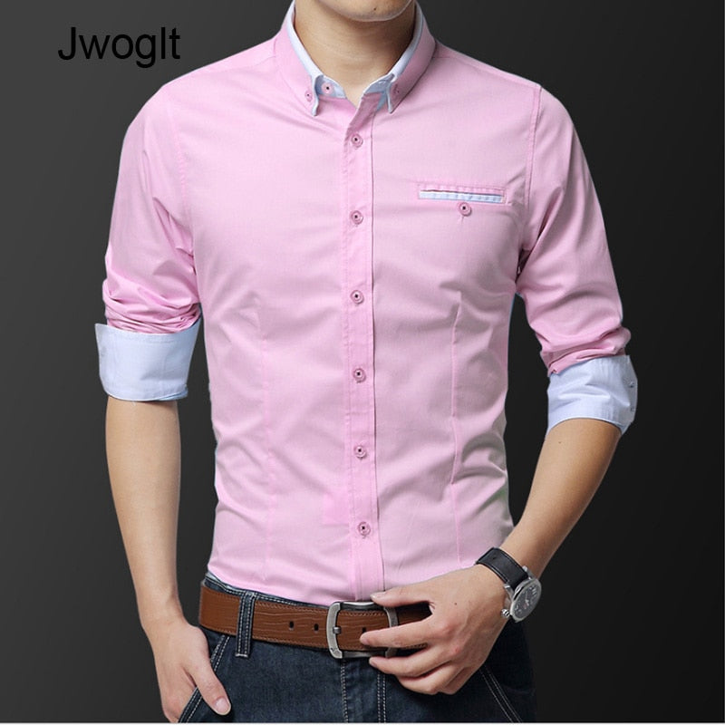 Fashion Handsome Regular Fit Casual Men Long Sleeve Shirt Design Good Fabric Soft Comfortable White Khaki Pink Men Dress Shirts - bertofonsi