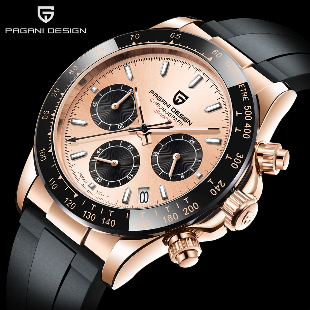 PAGANI DESIGN Men Quartz Wristwatch Luxury Sapphire Glass Sport Watch Rubber Strap Chronograph Watches Mens Japan VK63 Clock Man - bertofonsi