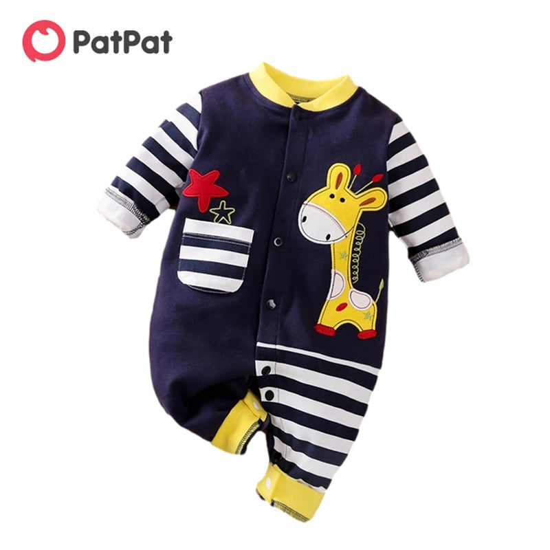 PatPat New Arrival Autumn and Winter Baby Boy Girl Cute Giraffe Embroidery Stripe Design Long-sleeve Jumpsuit Baby Clothing - bertofonsi