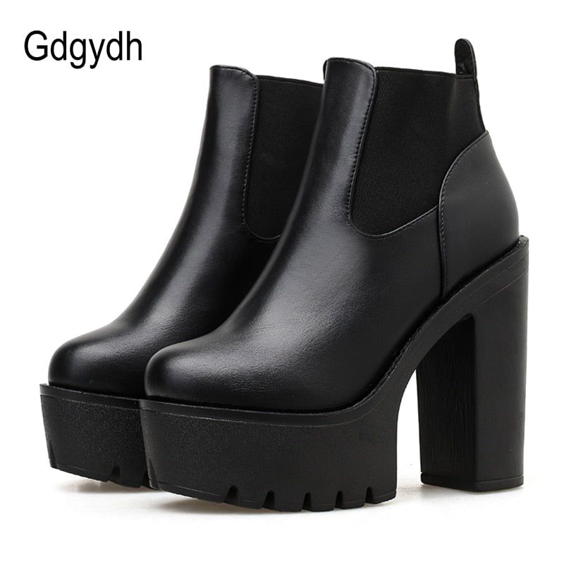 Gdgydh New Black Leather Womens Boots Spring Autumn Basic Solid Color Ladies High Heeled Shoes Platform Square Heel Model Party - bertofonsi