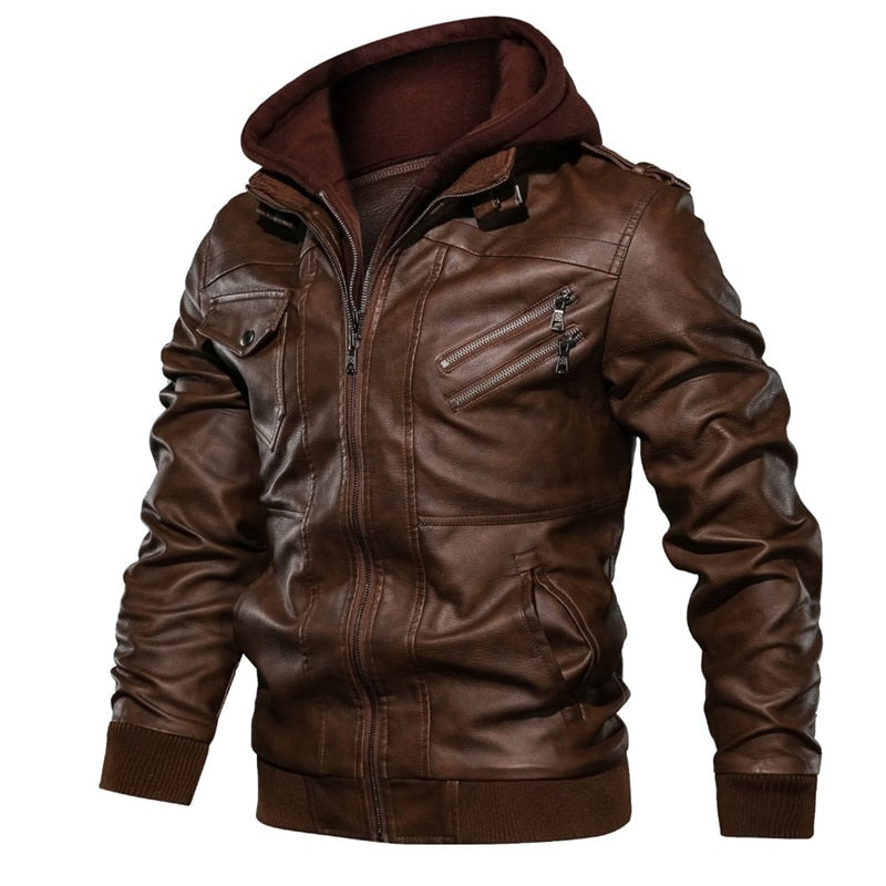 New autumn winter men&#39;s leather motorcycle jacket PU leather hooded jacket warm baseball jacket Euro Size coat - bertofonsi