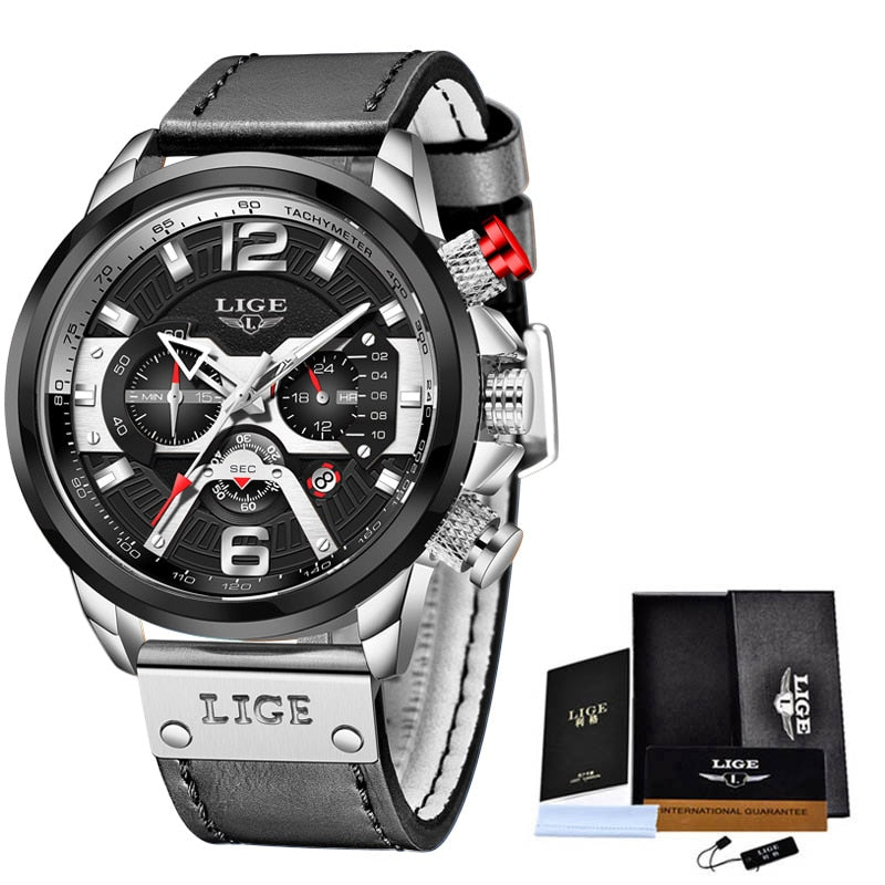 2022 LIGE Men Watches Top Brand Luxury Blue Leather Chronograph Sport Watch For Men Fashion Date Waterproof Clock Reloj Hombre - bertofonsi