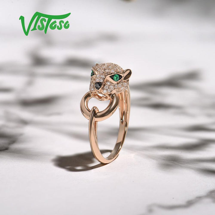 VISTOSO Gold Ring For Women Genuine 14K 585 Rose Gold Leopard Ring Emerald Sparkling Diamond Engagement Anniversary Fine Jewelry - bertofonsi
