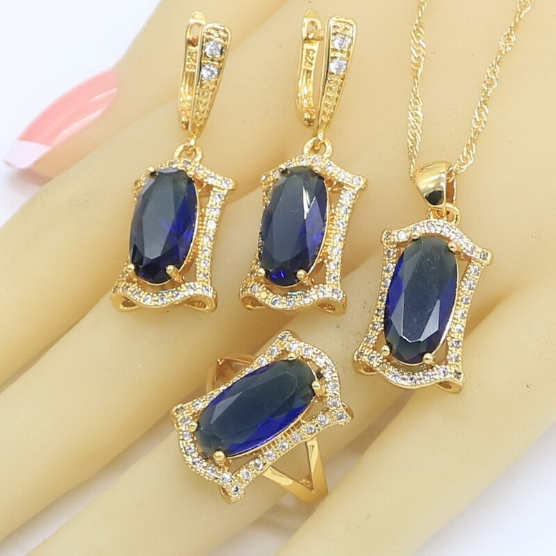 Geometric Rainbow Zircon Gold Color Jewelry Sets for Women Party Wedding Hoop Earrings Necklace Pendant Rings Free Gift Box - bertofonsi