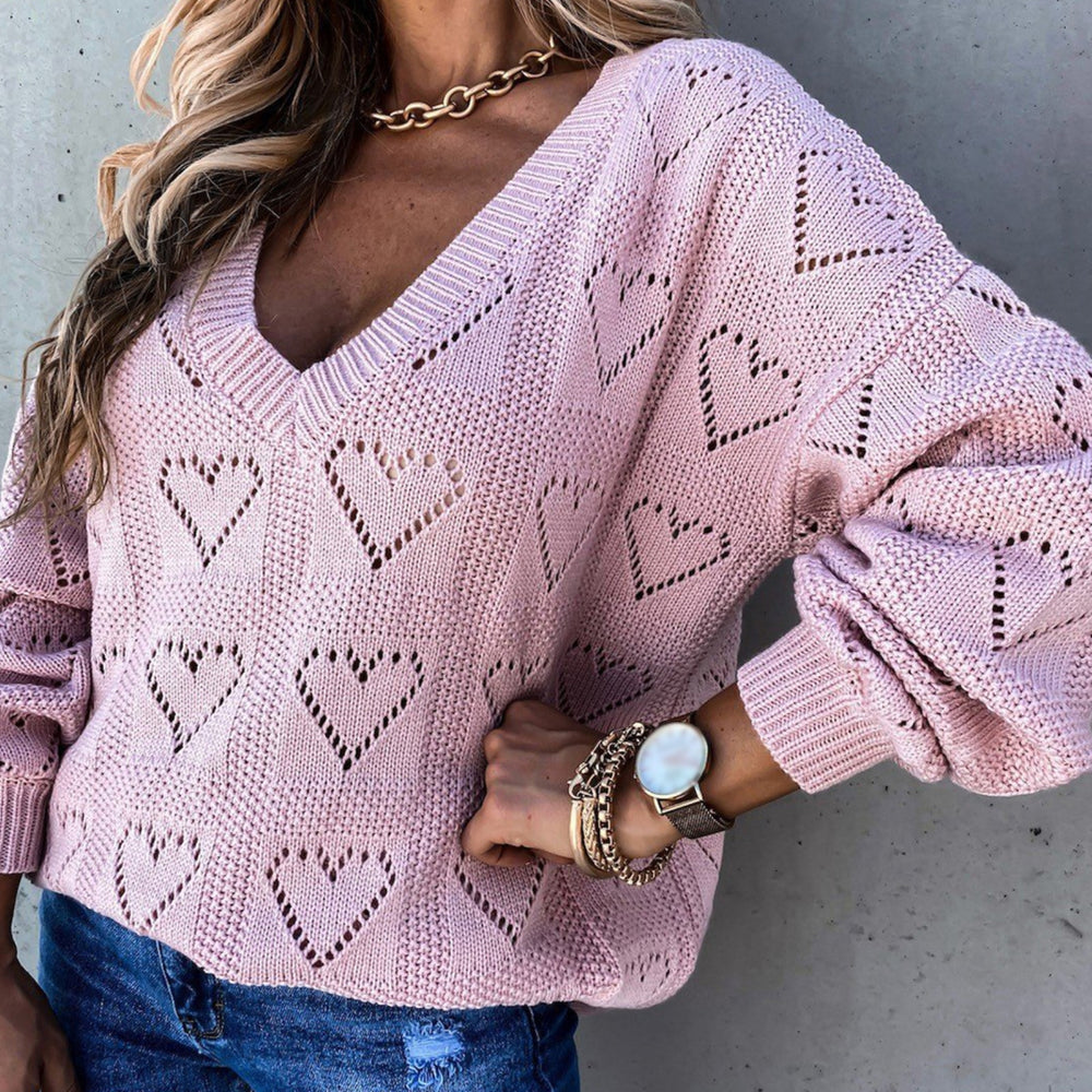 Women Autumn Winter Love Heart Hollow Crochet Sweater Loose V Neck Long Sleeve Casual Knitwear Jumper Rose Red/Pink/Khaki/White - bertofonsi