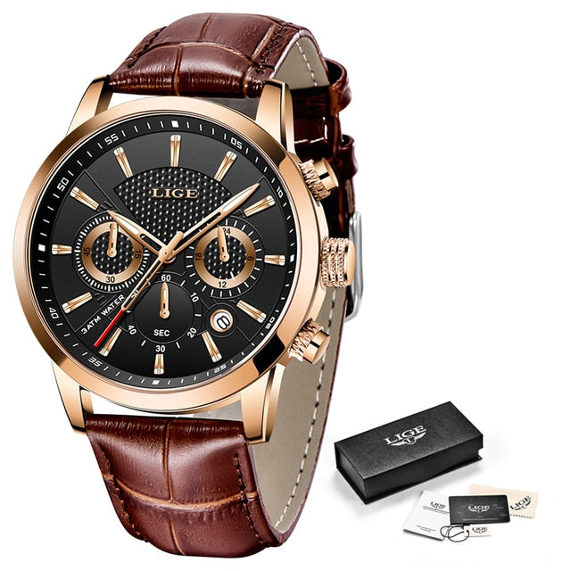 2022 New Mens Watches LIGE Top Brand Leather Chronograph Waterproof Sport Automatic Date Quartz Watch For Men Relogio Masculino - bertofonsi