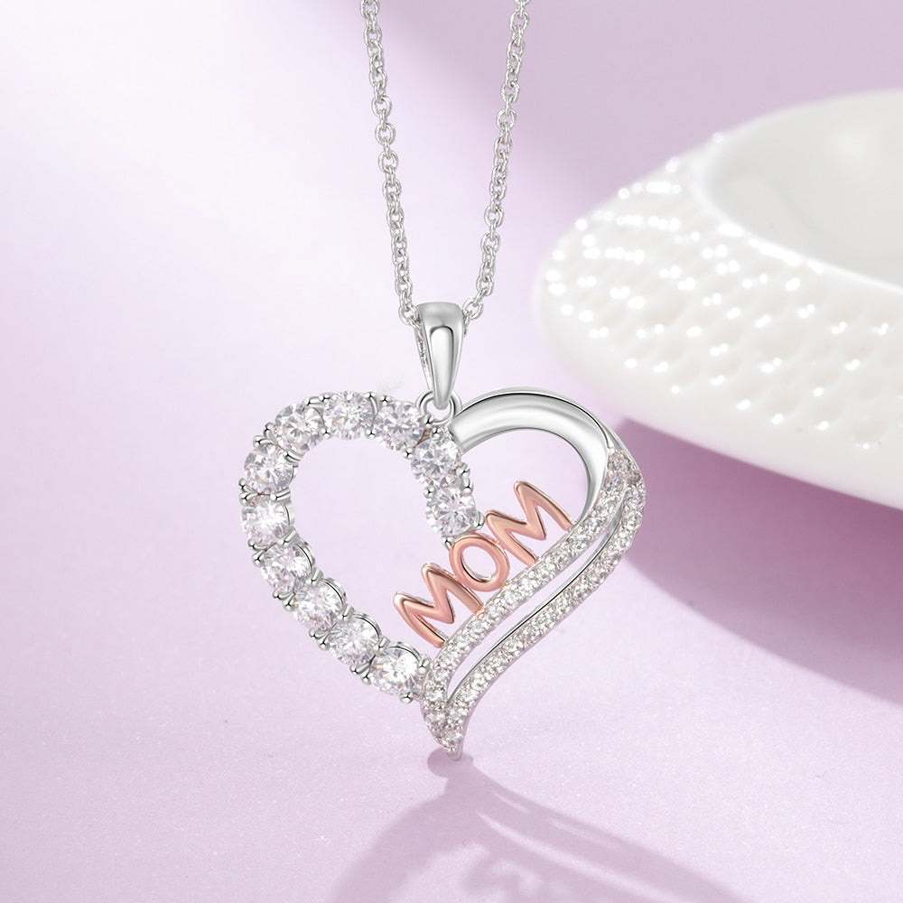 Genuine 925 Sterling Silver Women Necklaces Letter MOM Heart Shape CZ Necklaces Mother&#39;s Day Gift Fine Jewelry (Lam Hub Fong) - bertofonsi