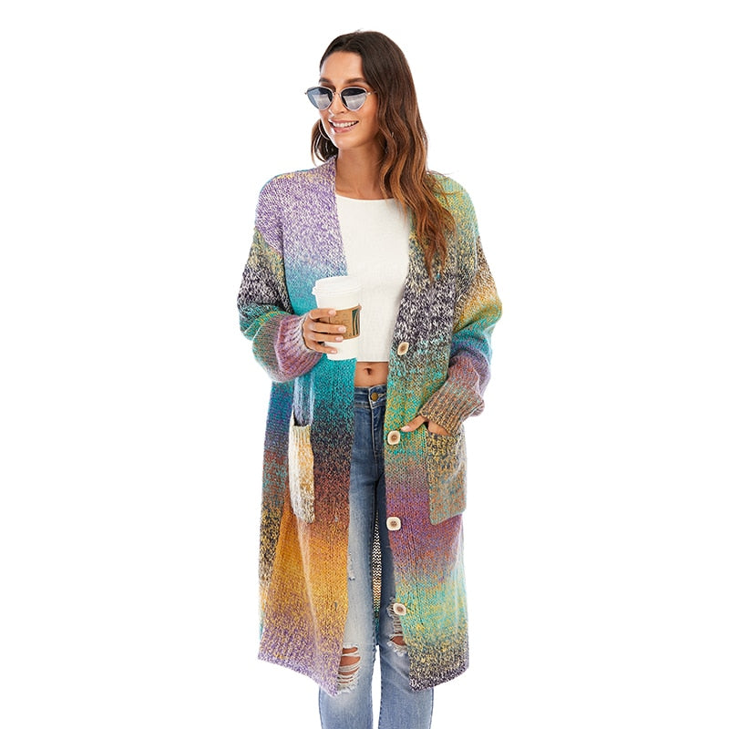 CGYY Lightweight Rainbow Color Striped  Loose Causal  Long Sleeve Open Front Breathable Women Cardigan Sweater With Pockets - bertofonsi