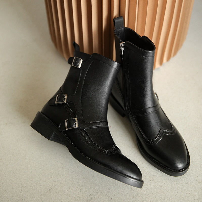 2020 Autumn New Woman Buckle Chelsea Boots Handmade Genuine Leather Round Toe Shoes Quality Buckle Square Low Heel Lady Boots - bertofonsi