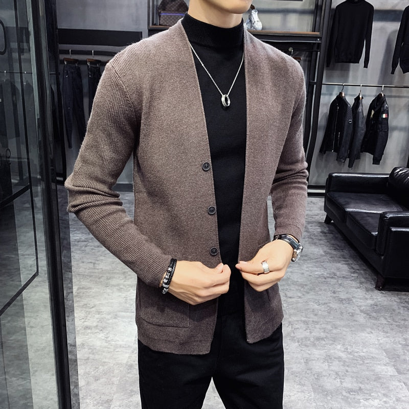 Autumn New Cardigan Men Clothing Fashion 2022 Button Decor Korean Sweater Men Front Pocket Loose Casual Mens Cardigan 3Color 3XL - bertofonsi