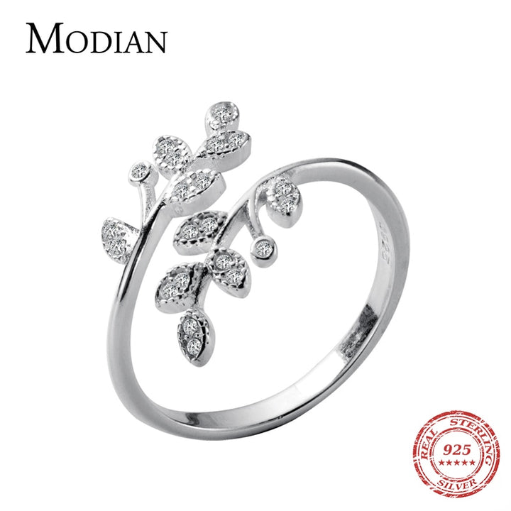 Modian Dazzling Zircon Tree Branch Leaves Sterling Silver 925 Ring for Women Free Size Ring Luxury Engagement Gift Fine Jewelry - bertofonsi