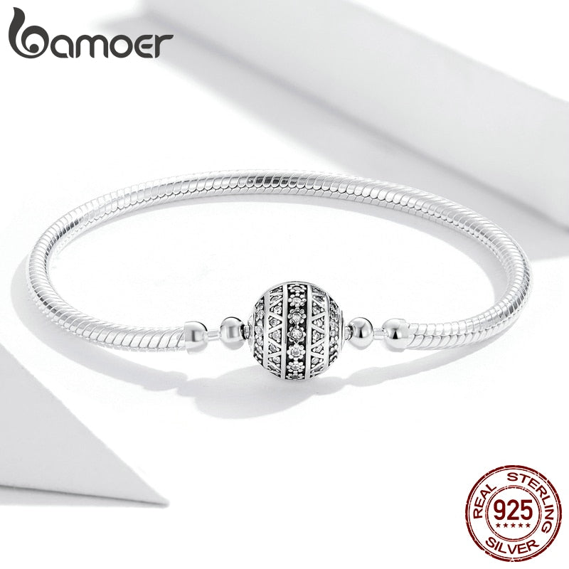 Bamoer 100% 925 Sterling Silver Dazzling Clear CZ Round Clasp Snake Chain Flower Clasp Bracelet Fine Jewelry SCB062 - bertofonsi