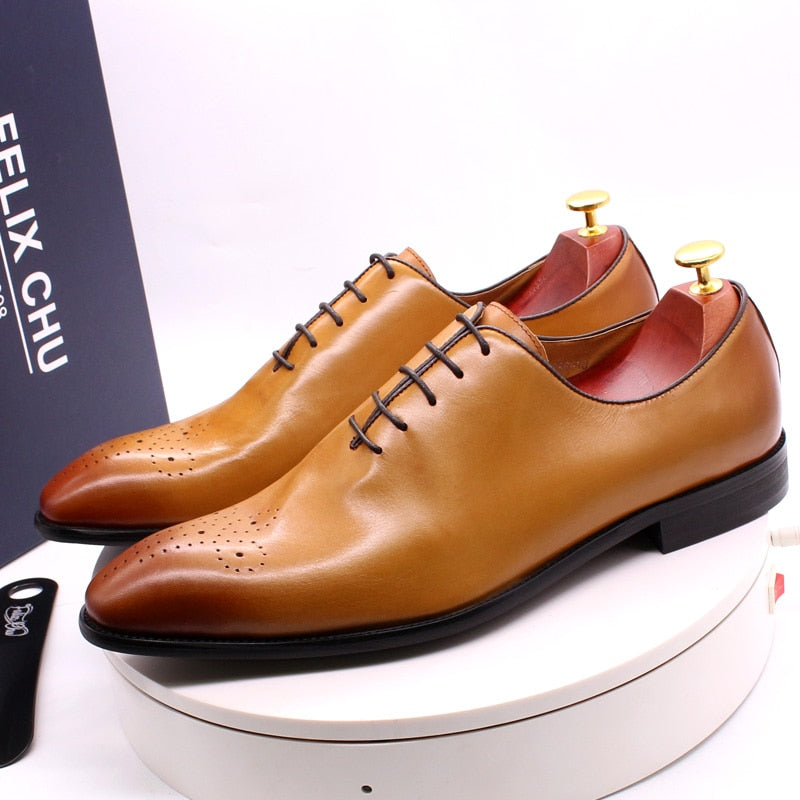 Luxury Brand Mens Oxford Shoes Genuine Leather Classic Whole Cut Lace Up Wedding Dress Brogue Business Office Shoes for Men - bertofonsi