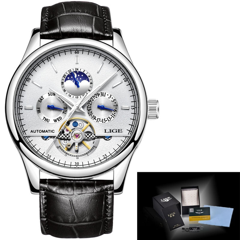 Relogio Masculin LIGE New Mens Watches Top Brand Luxury Automatic Mechanical Watch Men Leather Waterproof Watch Week Clock+Box - bertofonsi