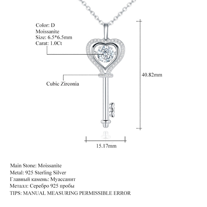 GEM&#39;S BALLET 1.0Ct D Color Moissanite Diamond Key Pendant Necklace with Moissanite Stone 925 Sterling Silver Jewelry - bertofonsi