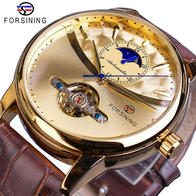 Forsining Moon Phase Automatic Watch Royal Men Golden Waterproof Mechanical Wristwatch Casual Genuine Leather Tourbillon Clock - bertofonsi