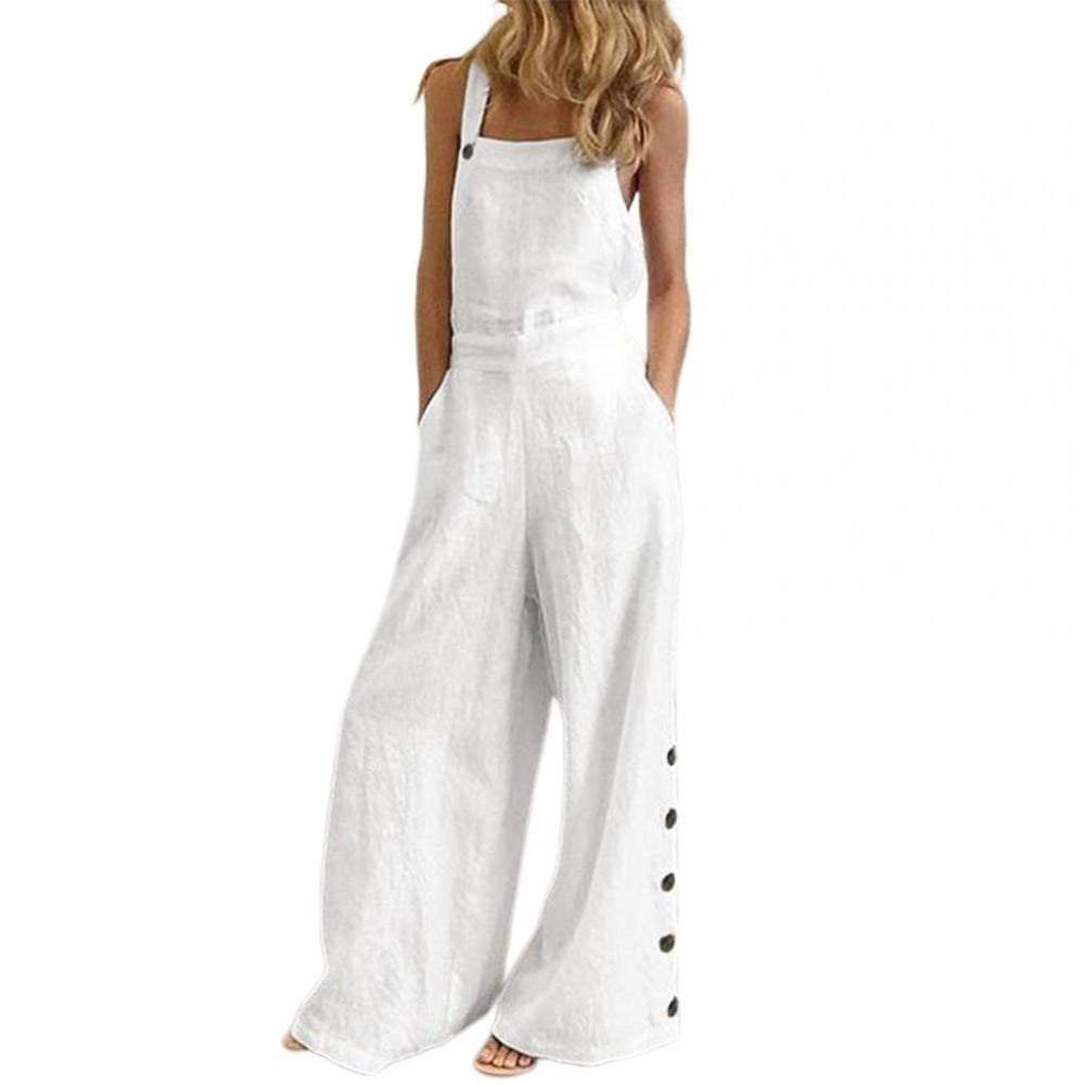 Women Jumpsuit Summer Sleeveless Solid Color Wide Leg Pockets Loose Strappy Playsuit Overall Wide Leg Pockets mono mujer verano - bertofonsi