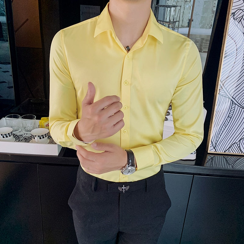 40kg-75kg Small Asian Size Fashion New Mens Shirt Korea Styles Long Sleeve Slim Fit Yellow Green White Casual Social Shirts - bertofonsi
