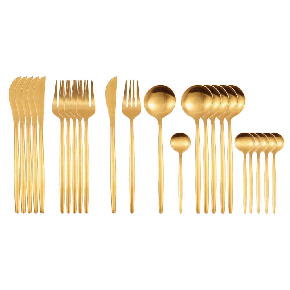 24Pcs Matte Gold Dinnerware Set 18/10 Stainless Steel Knife Fork Spoon Cutlery Set Kitchen Silverware Flatware Tableware Set - bertofonsi