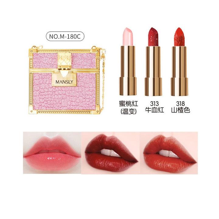 Glitter Luxury Bag Lipstick With Mirror Matte Moisturizing Velvet lasting Temperature Change Lip Balm 3pcs In Bag Fashion Makeup - bertofonsi