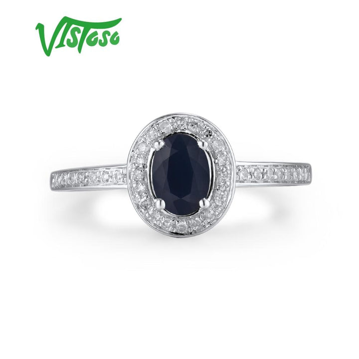 VISTOSO 14K White Gold Rings For Women Genuine Sparkling Diamond Fancy Blue Sapphire Engagement Anniversary Unique Fine Jewelry - bertofonsi