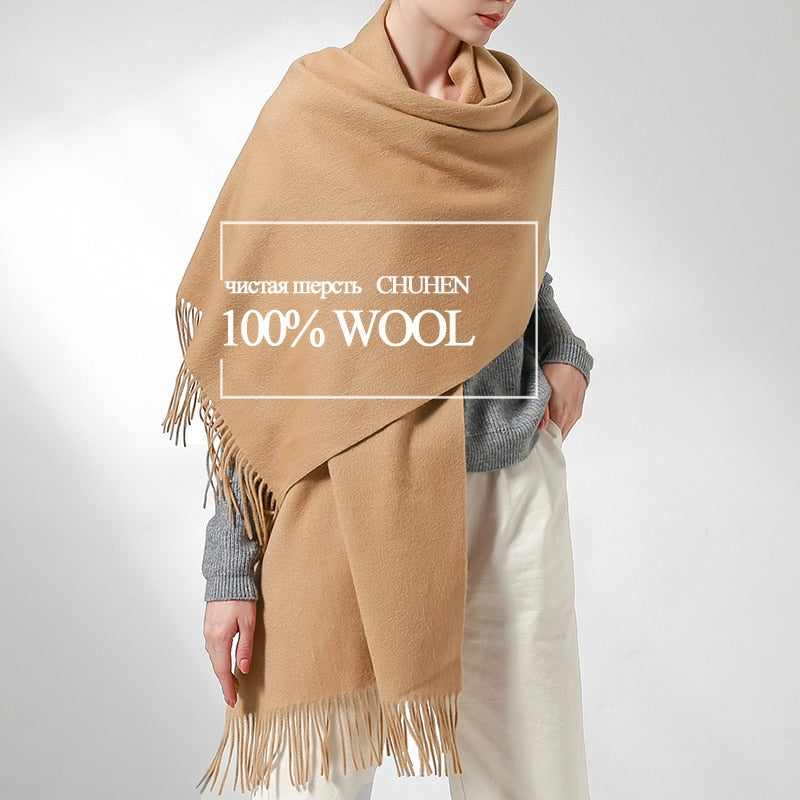 100% Real Wool Scarf Women Warm Shawls and Wraps for Ladies Stole Femme Solid Warps Winter Cashmere Wool Scarves Luxury Pashmina - bertofonsi