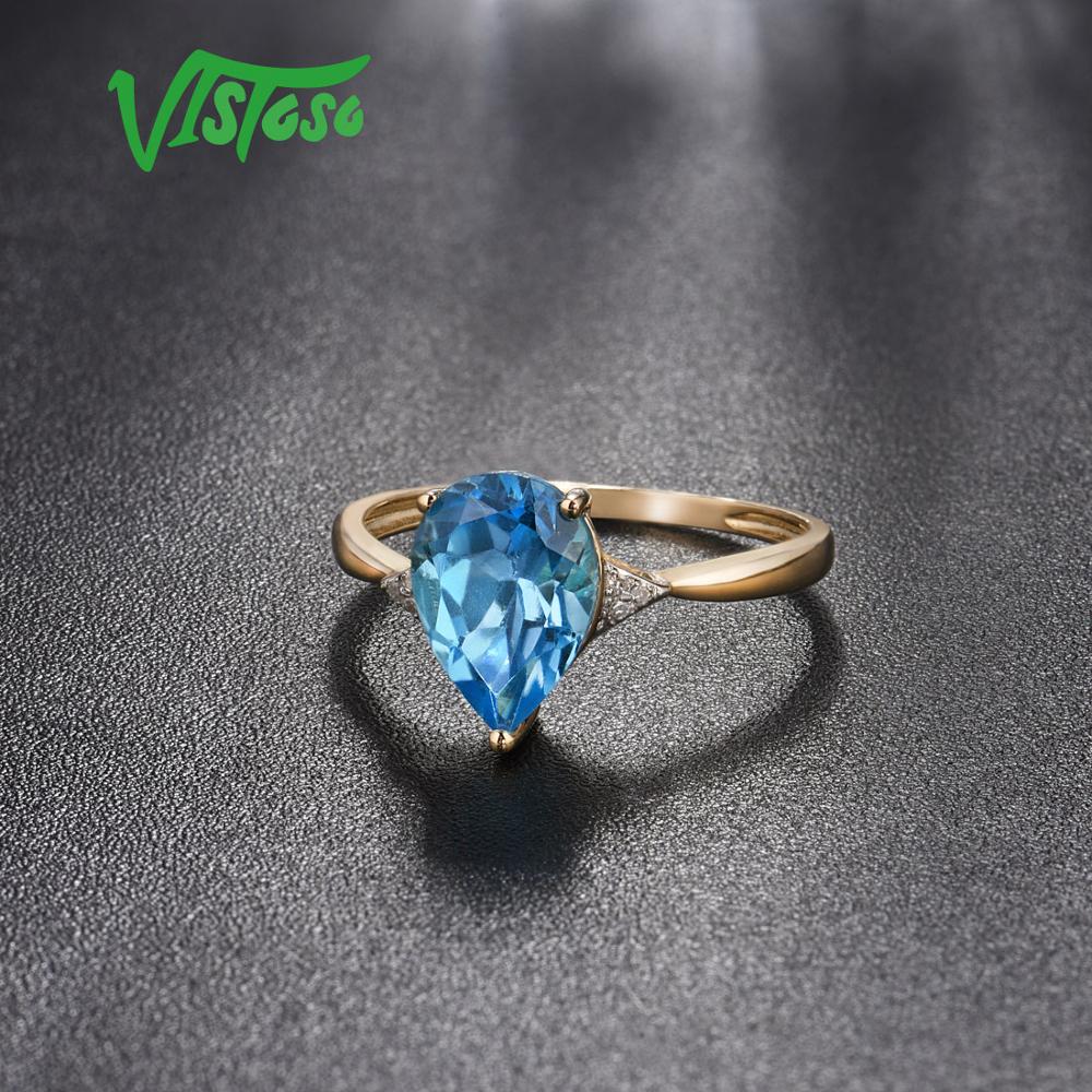 VISTOSO Pure14K 585 Yellow Gold Ring For Women Sparkling Diamond Limpid Blue Topaz Anniversary Classic Fine Jewelry - bertofonsi