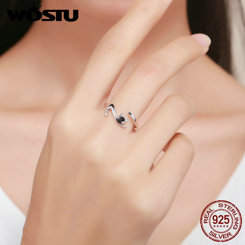 WOSTU 925 Sterling Silver Sticky Cat with Long Tail Finger Ring For Women Adjustable S925 Silver Ring Jewelry Gift CQR220 - bertofonsi