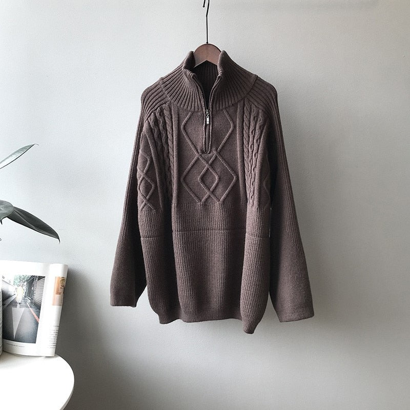 Women's Oversized Cable-knit Wool Sweater Thick Warm Knitted Pullover Solid Long Sleeve Turtleneck  Zip Up Winter Coat C-148 - bertofonsi