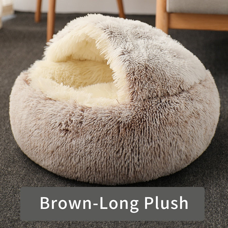 HOOPET Cat Bed Round Cat Nest Puppy Cave Long Plush Pet Bed Warm Cats Bed 2-In-1 Cat Cushion Sleeping Sofa - bertofonsi