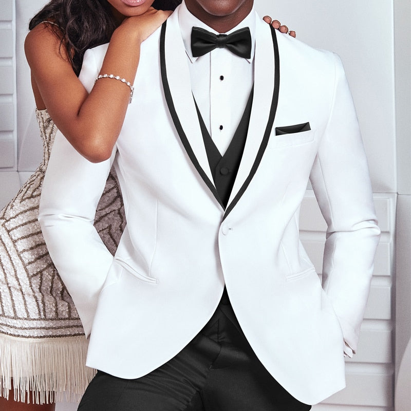 White and Black Wedding Tuxedo for Groom 3 Piece Slim Fit Men Suits Male Fashion Costume Jacket with Pants Vest New Arrival - bertofonsi