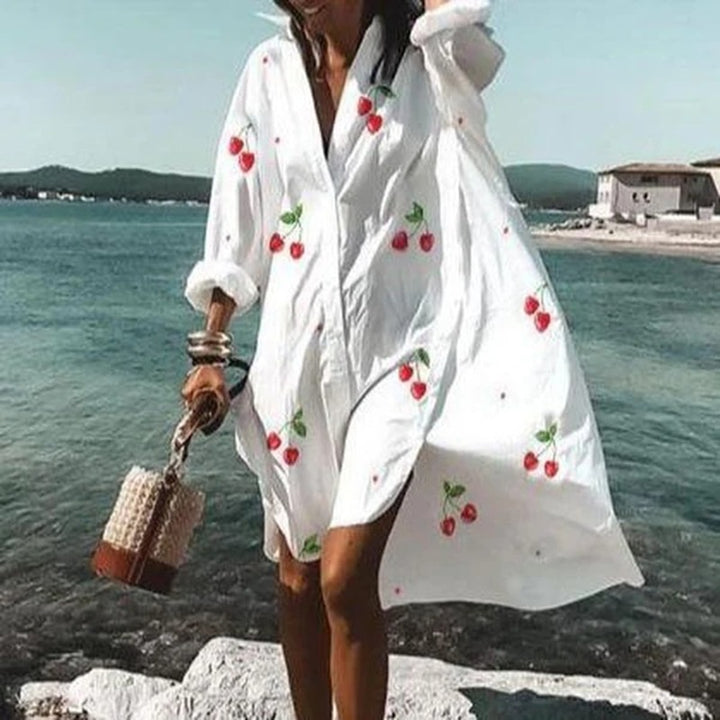 2021 Summer Women Dresses Turn-down Collar Print Casual Long Sleeve Shirt Dress Oversized Loose Beach Party Vestidos Robe Blouse - bertofonsi