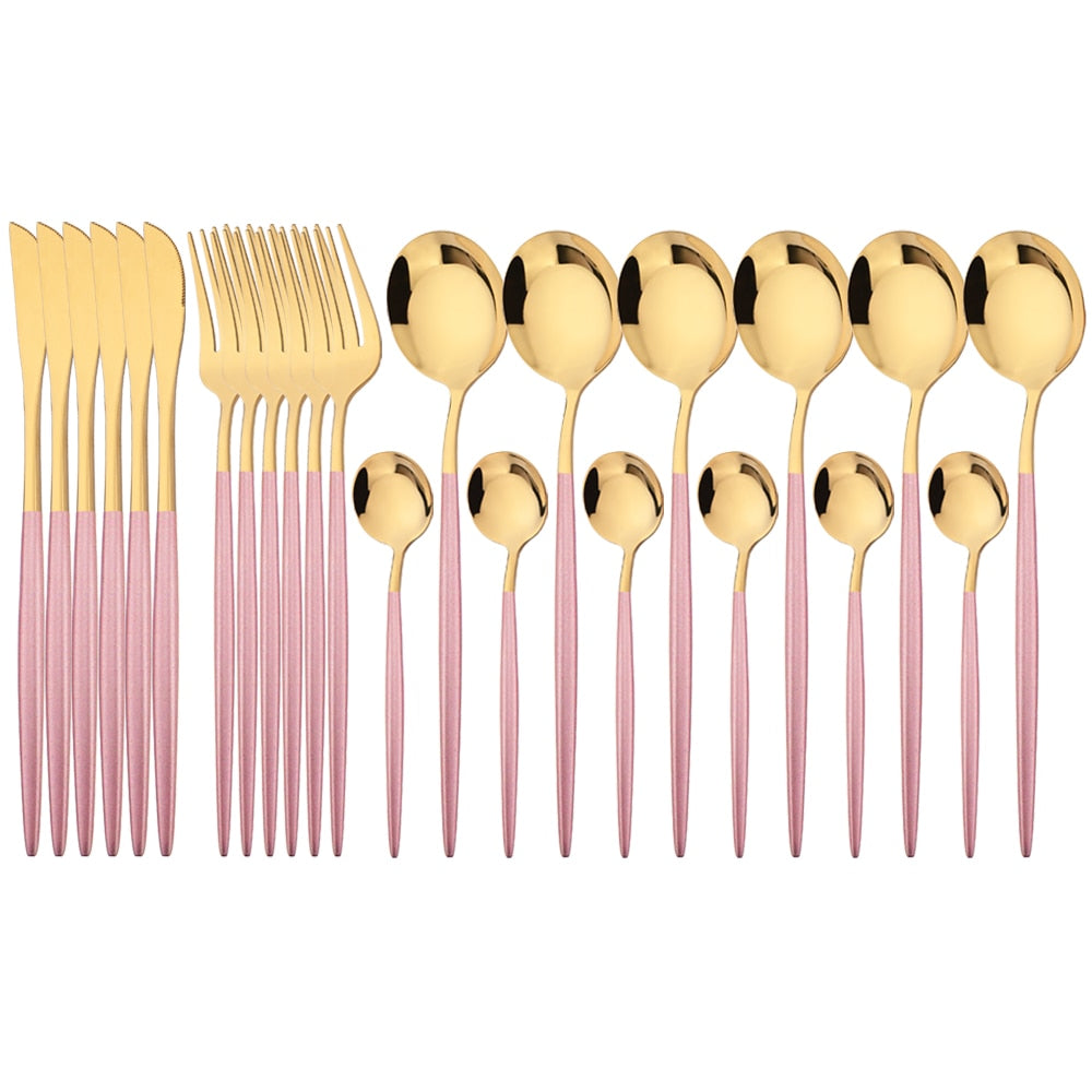 24Pcs Pink Gold Dinnerware Set Stainless Steel Cutlery Set Knives Forks Tea Spoons Dinner Set Kitchen Tableware Silverware Set - bertofonsi