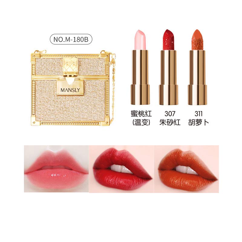 Glitter Luxury Bag Lipstick With Mirror Matte Moisturizing Velvet lasting Temperature Change Lip Balm 3pcs In Bag Fashion Makeup - bertofonsi