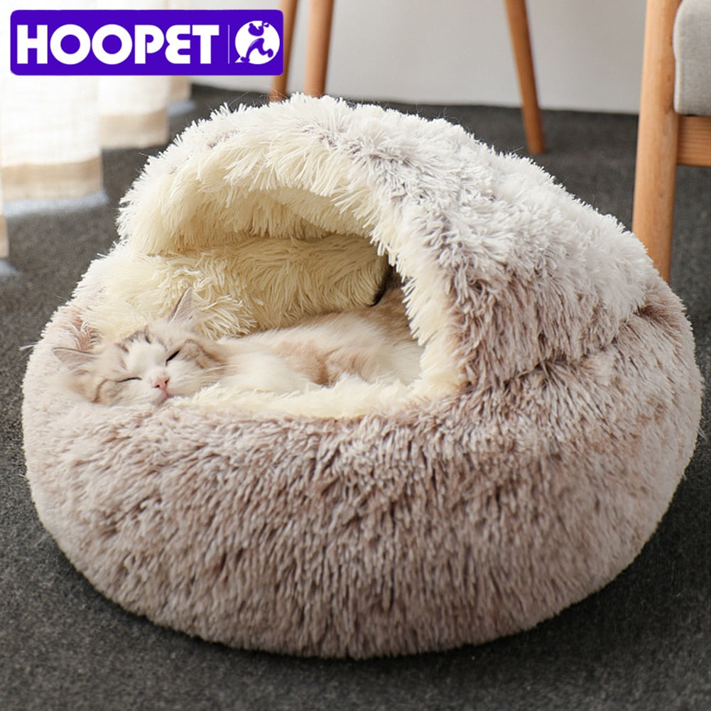 HOOPET Cat Bed Round Cat Nest Puppy Cave Long Plush Pet Bed Warm Cats Bed 2-In-1 Cat Cushion Sleeping Sofa - bertofonsi