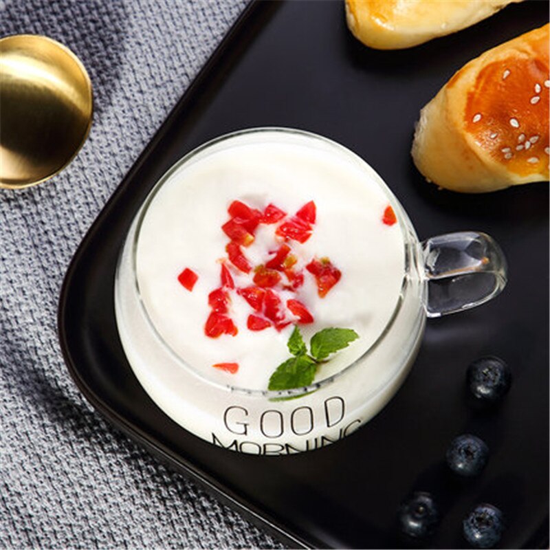 1Pcs Glass Breakfast Cup Coffee Tea Milk Yogurt Mug Creative Letters Printed Mug Transparent Handle Drinkware - bertofonsi