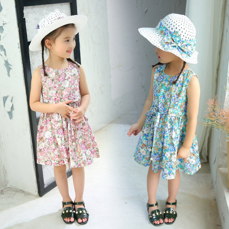 2PCS/Set Girls Dress +Hat Cotton Comfortable Children&#39;s Dress 2021 Summer Dress Floral Girls&#39; Sleeveless Dress For Children - bertofonsi