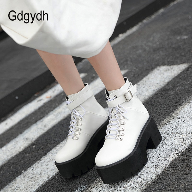 Gdgydh New Arrival Womens Autumn Shoes Chunky Block High Heel Platform Lace up Ankle Boots For Women Comfortable Promotion Sale - bertofonsi