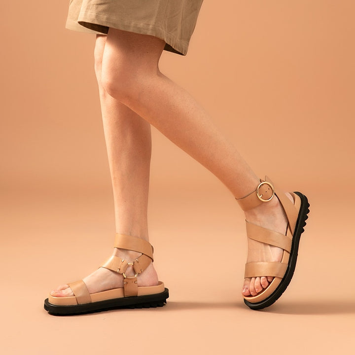 BeauToday Sandals Women Sheepskin Genuine Leather Ankle Strap Metal Ring Buckle Lady Summer Platform Shoes Handmade 38123 - bertofonsi