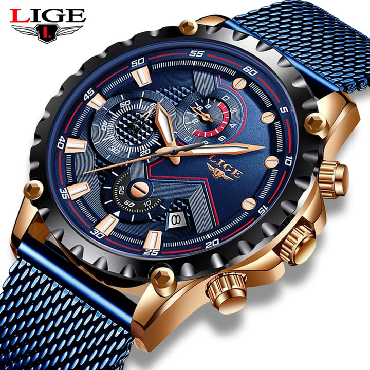 2022 New LIGE Blue Casual Mesh Belt Fashion Quartz Gold Watch Mens Watches Top Brand Luxury Waterproof Clock Relogio Masculino - bertofonsi
