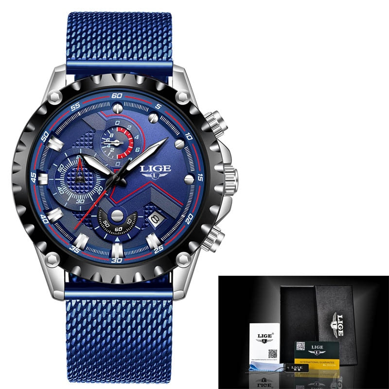 2020 New LIGE Blue Casual Mesh Belt Fashion Quartz Wristwatches Mens Watches Top Brand Luxury Waterproof Clock Relogio Masculino - bertofonsi