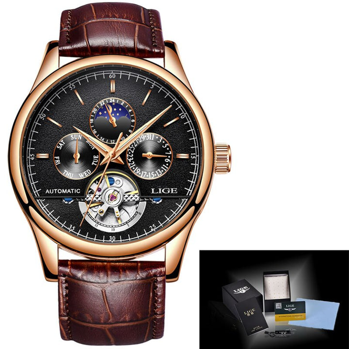 Relogio Masculin LIGE New Mens Watches Top Brand Luxury Automatic Mechanical Watch Men Leather Waterproof Watch Week Clock+Box - bertofonsi