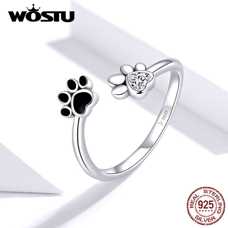 WOSTU 100% 925 Sterling Silver Paw Dog Pets' Footprint Ring For Women Wedding Engagement Adjustable Rings Fashion Jewelry CQR605 - bertofonsi