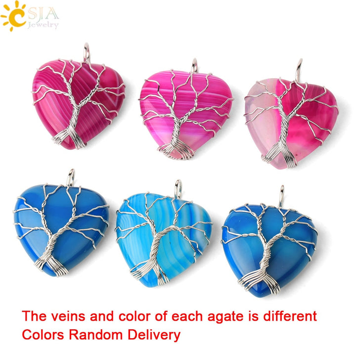 CSJA Tree of Life Wire Wrapped Love Heart Necklace &amp; Pendant Suspension Natural Gem Stone Tiger Eye Pink Quartz Black Onyx F053 - bertofonsi