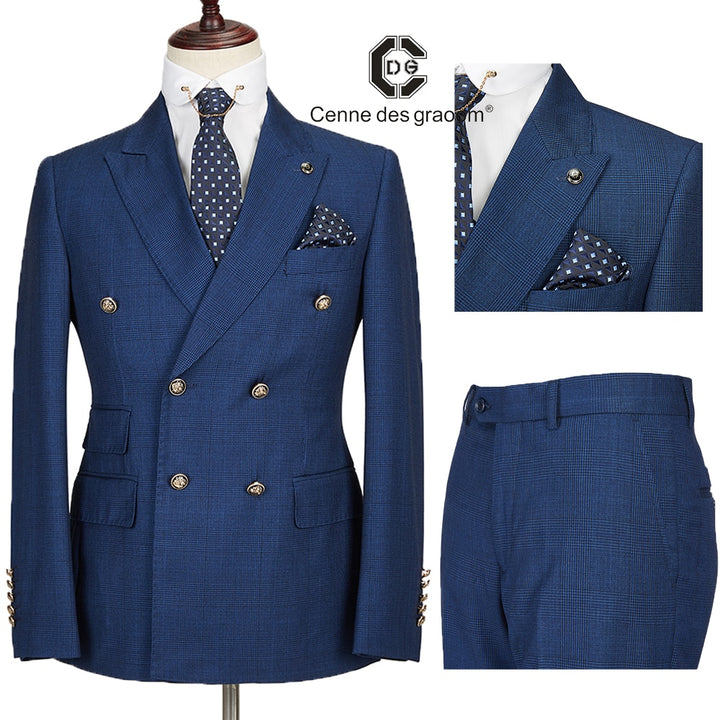 Cenne Des Graoom New Men Suit Plaid Double Breasted Two Pieces Slim Fit High Quality Wedding Party Singer Costume DG-188 - bertofonsi