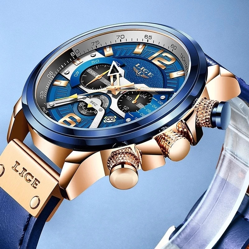 2022 LIGE Men Watches Top Brand Luxury Blue Leather Chronograph Sport Watch For Men Fashion Date Waterproof Clock Reloj Hombre - bertofonsi